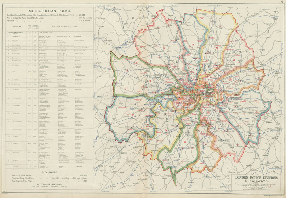 LONDON METROPOLITAN POLICE DIVISIONS & RAILWAYS. Police stations. BACON 1934 map