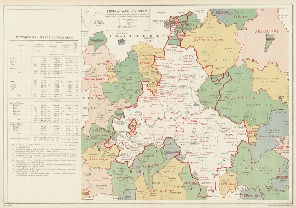 LONDON WATER SUPPLY. Metropolitan Water Board. Reservoirs Pumping Stns 1934 map