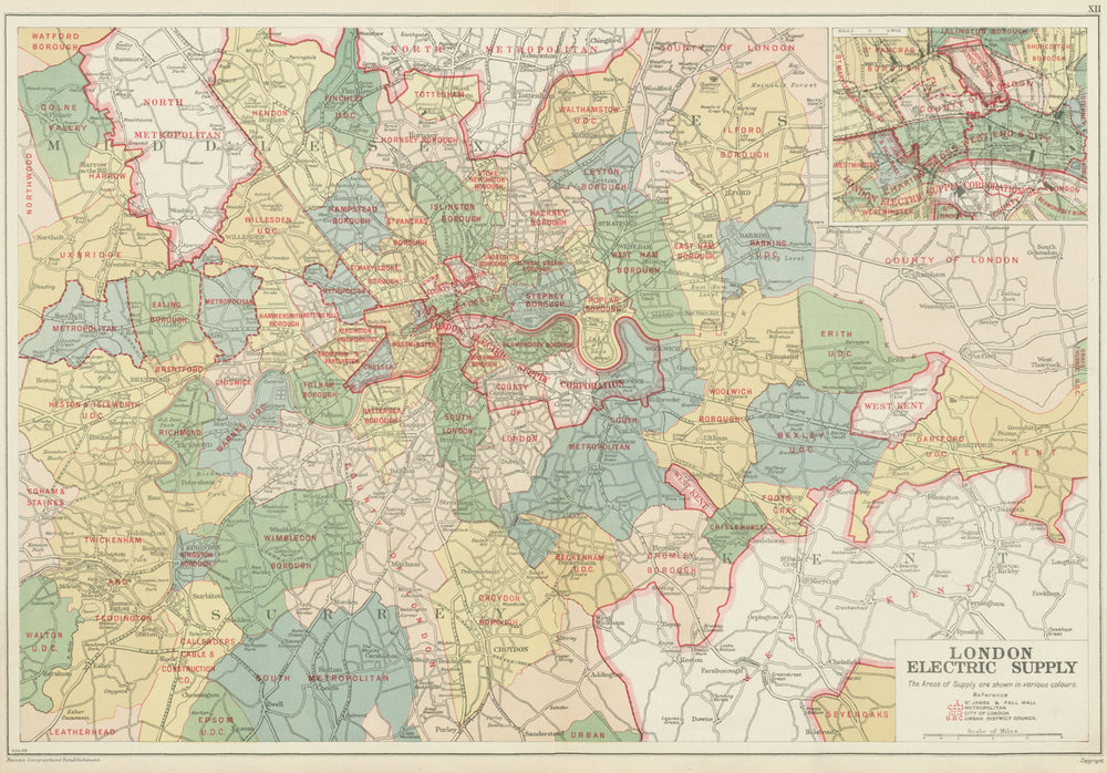 LONDON ELECTRICITY SUPPLY areas. Corporation. Metropolitan. BACON 1934 old map