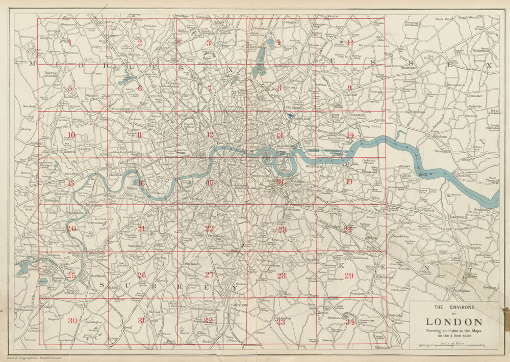 THE ENVIRONS OF LONDON. Index map. Main roads. BACON 1934 old vintage