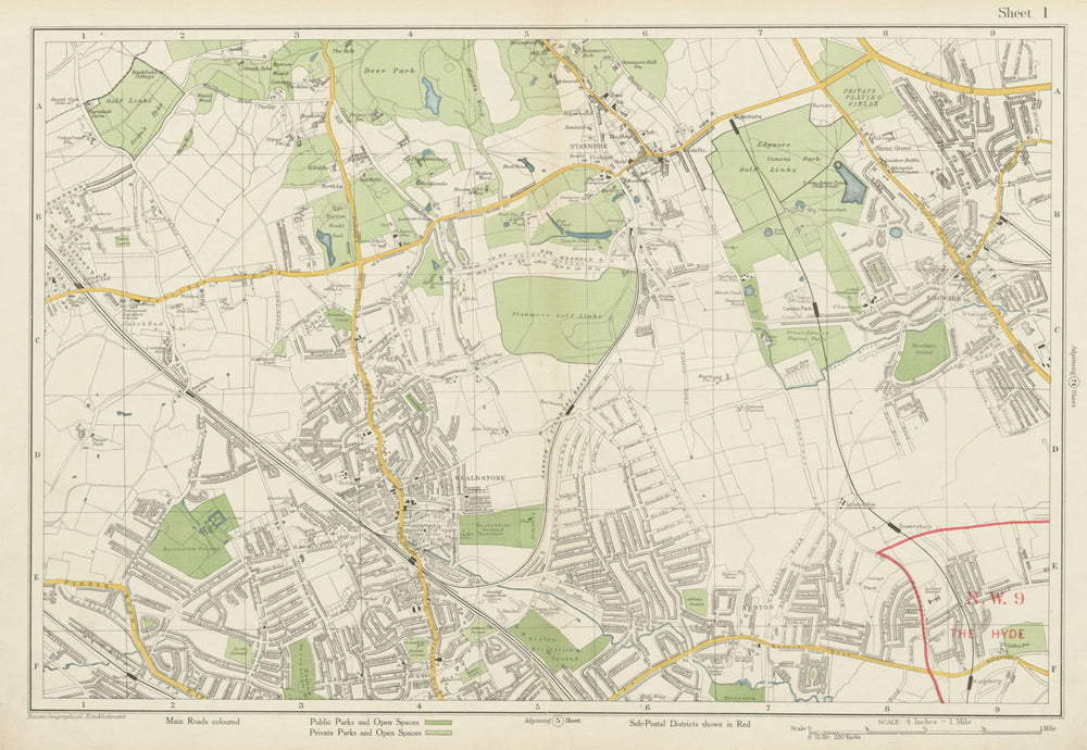 STANMORE Wealdstone Edgware Pinner North Harrow Kenton The Hyde. BACON 1934 map