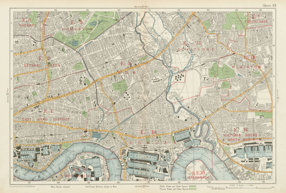 LONDON EAST END Bethnal Grn Bow Stepney West Ham Poplar Stratford.BACON 1934 map