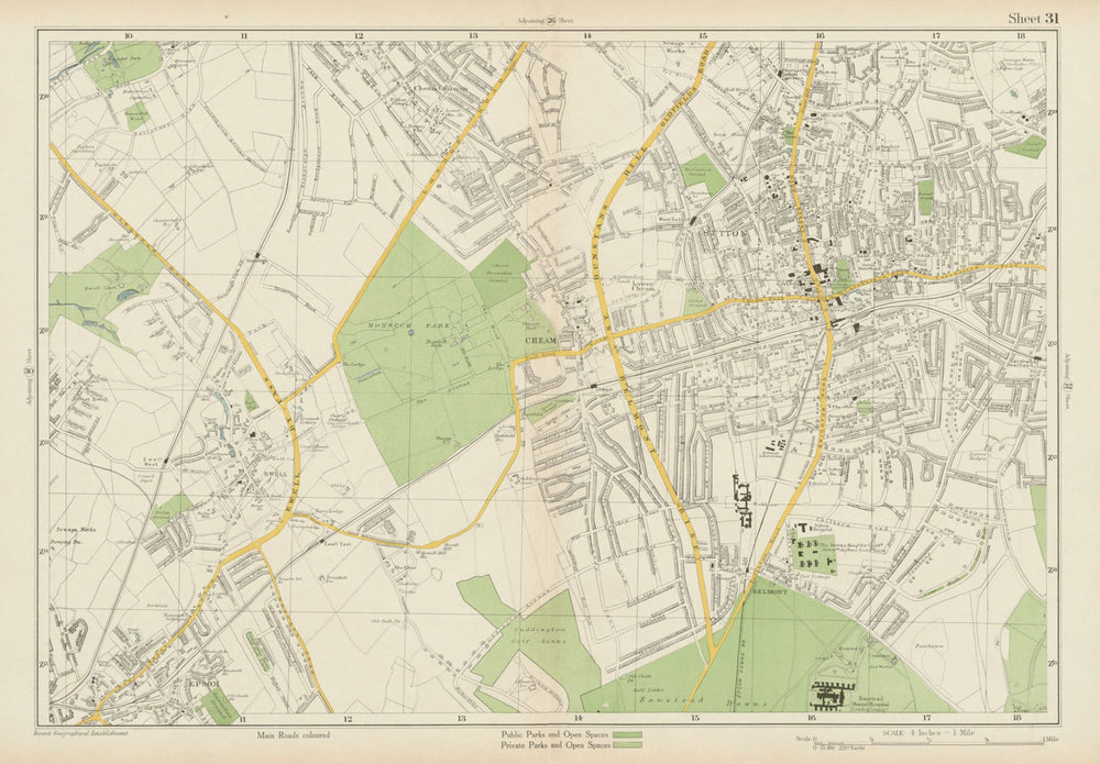 SUTTON Cheam Epsom Belmont Carshalton Ewell Banstead Downs. BACON 1934 old map
