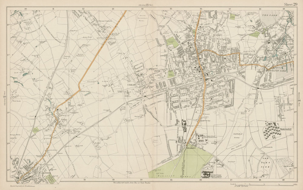 SUTTON Cheam Epsom Belmont Carshalton Ewell Banstead Downs. BACON  1919 map