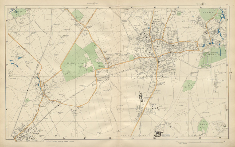 SUTTON Cheam Epsom Belmont Carshalton Ewell Banstead Downs BACON 1900 old map
