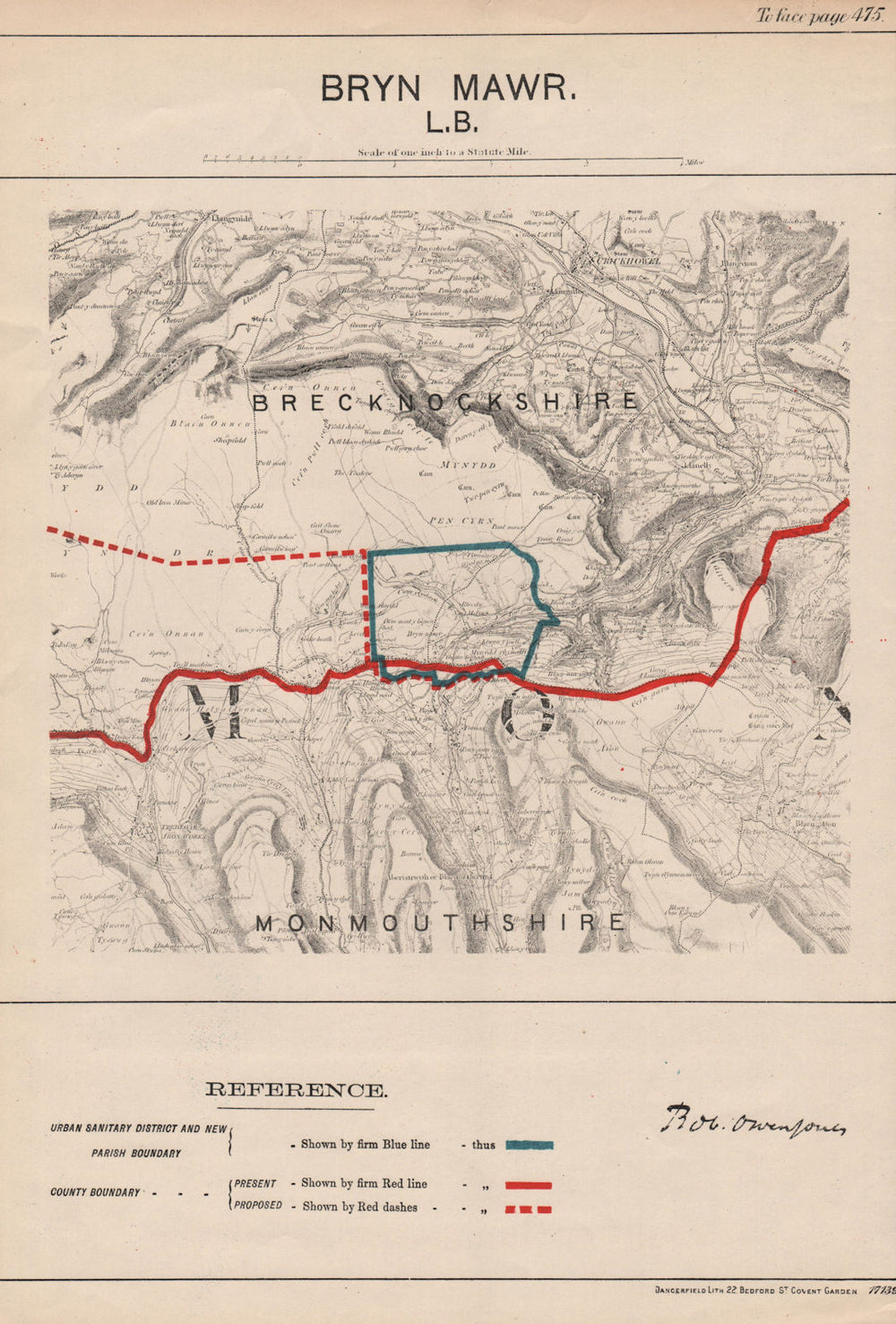 Bryn Mawr. JONES. PARLIAMENTARY BOUNDARY COMMISSION 1888 old antique map chart