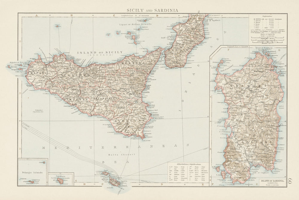 Sicily and Sardinia. Italian islands. THE TIMES 1900 old antique map chart