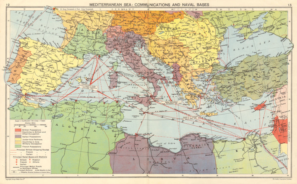 WW2 MEDITERRANEAN Naval Bases. Axis Vichy France. Italian Albania 1942 old map