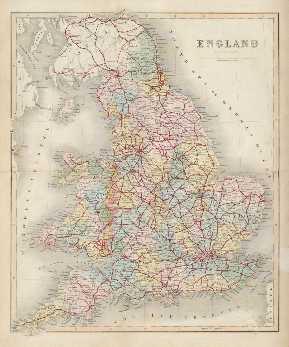 England & Wales antique map by J & C Walker. Railways & counties 1868 old