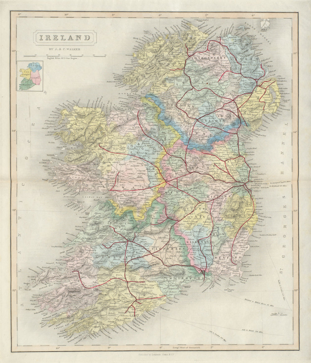 Ireland antique map by J & C Walker. Railways, counties & provinces 1868