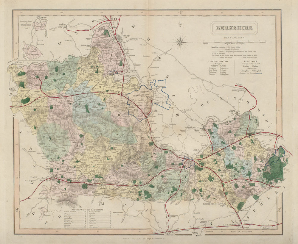 Berkshire antique county map by J & C Walker. Railways & boroughs 1868 old