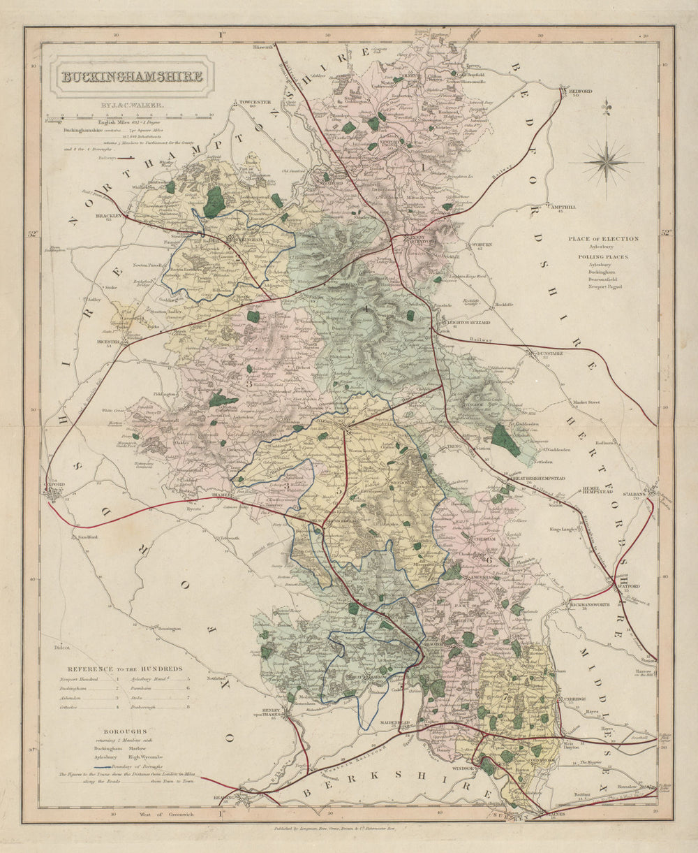 Buckinghamshire antique county map by J & C Walker. Railways & boroughs 1868