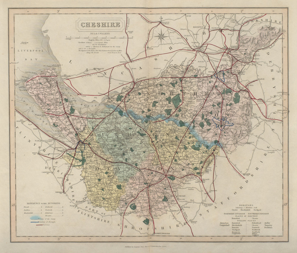 Cheshire antique county map by J & C Walker. Railways & boroughs 1868 old