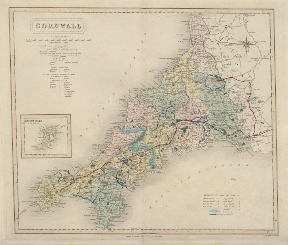 Cornwall antique county map by J & C Walker. Railways & boroughs 1868 old