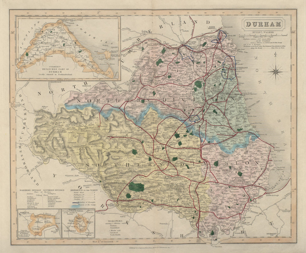 Durham antique county map by J & C Walker. Railways & boroughs 1868 old