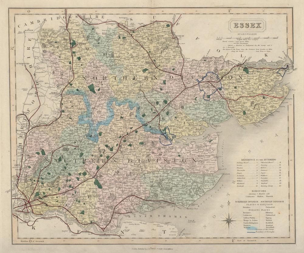 Essex antique county map by J & C Walker. Railways & boroughs 1868 old