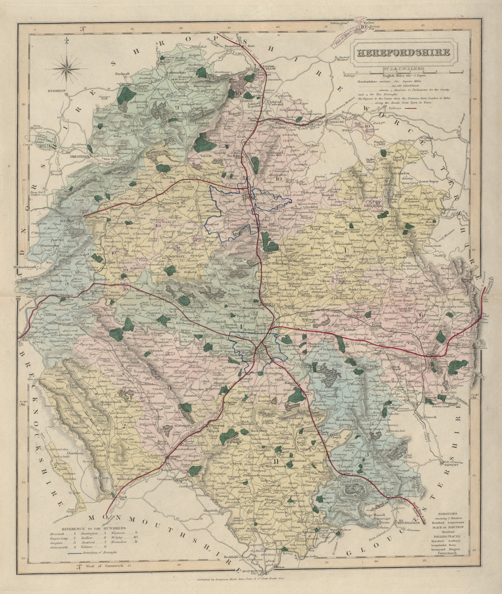 Herefordshire antique county map by J & C Walker. Railways & boroughs 1868