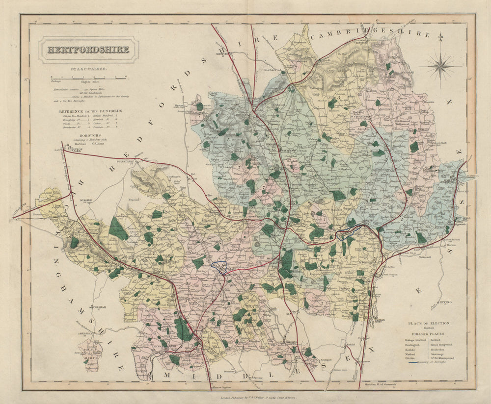 Hertfordshire antique county map by J & C Walker. Railways & boroughs 1868