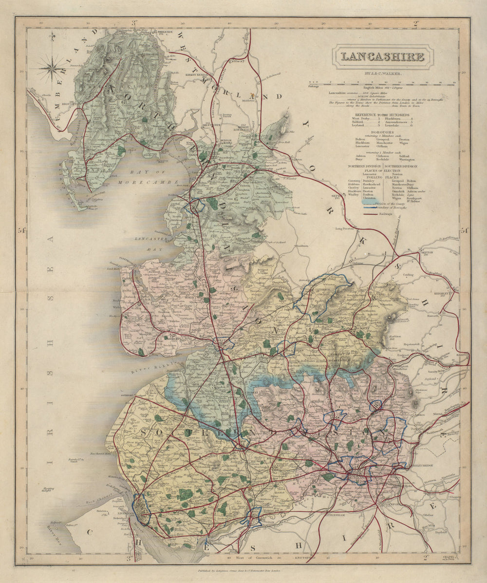 Lancashire antique county map by J & C Walker. Railways & boroughs 1868
