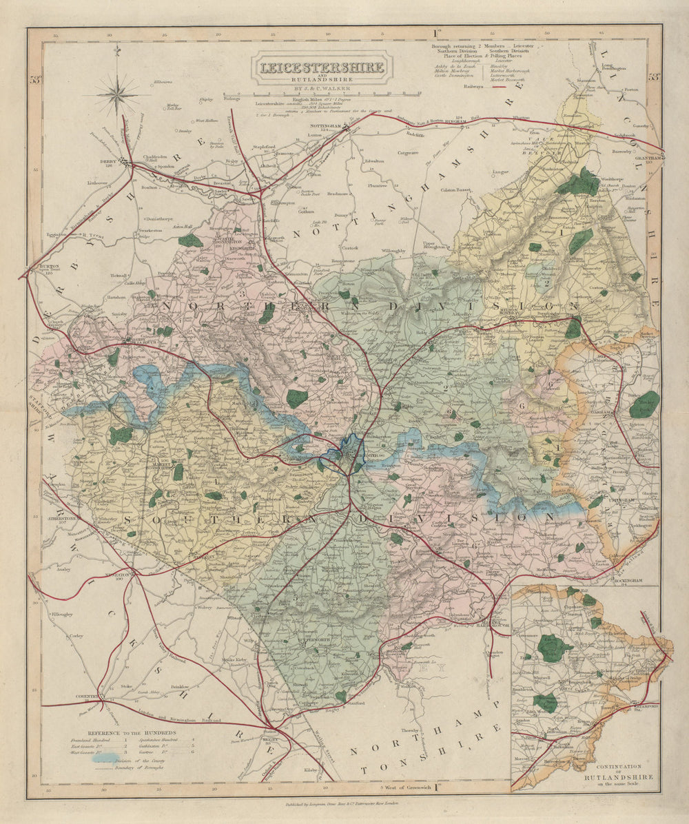 Leicestershire antique county map by J & C Walker. Railways & boroughs 1868