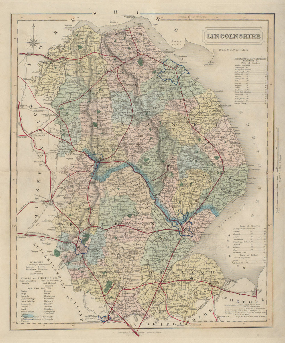 Lincolnshire antique county map by J & C Walker. Railways & boroughs 1868