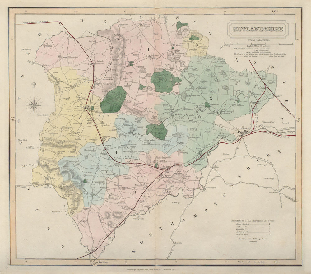 Rutlandshire antique county map by J & C Walker. Railways & boroughs 1868