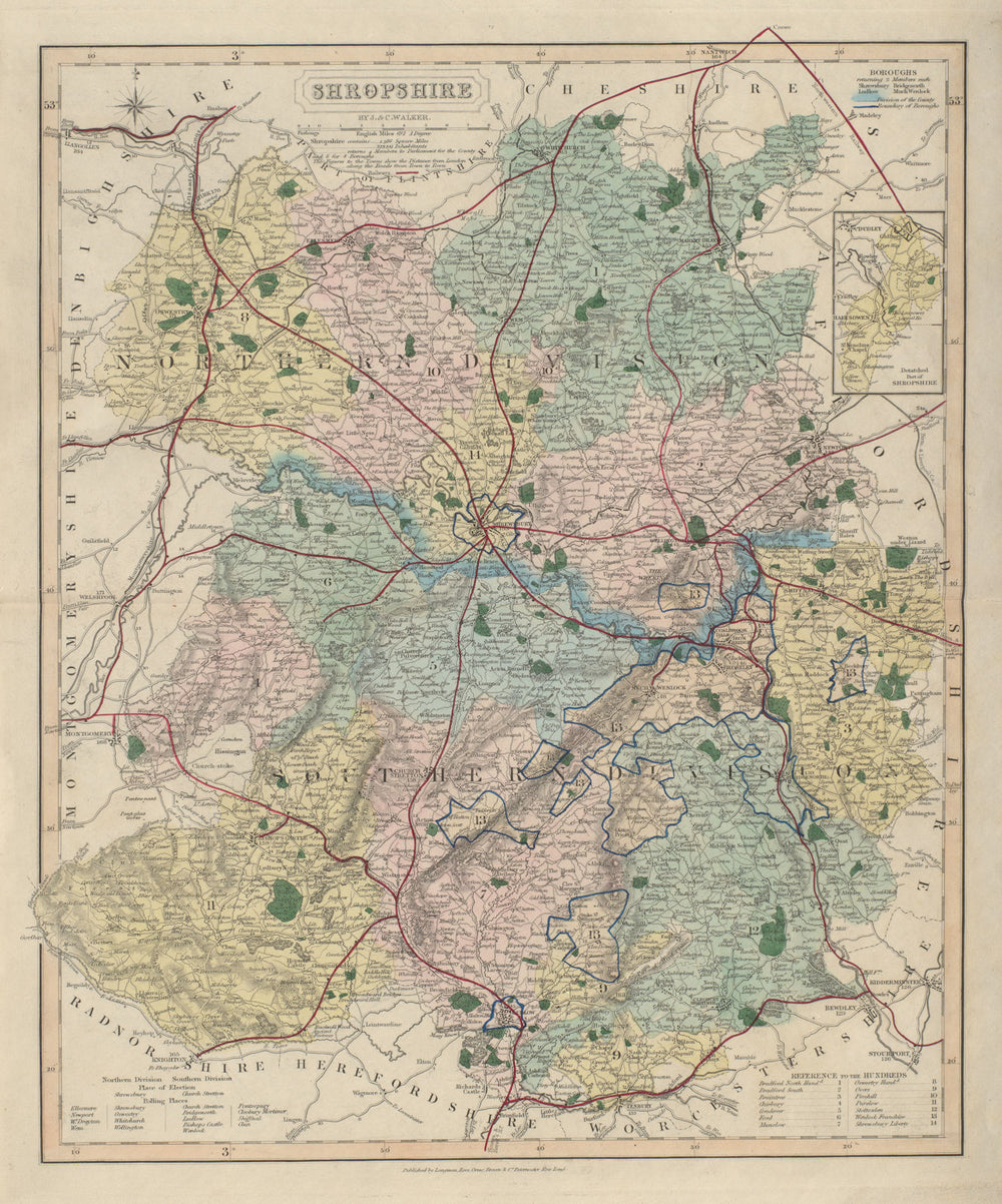 Shropshire antique county map by J & C Walker. Railways & boroughs 1868