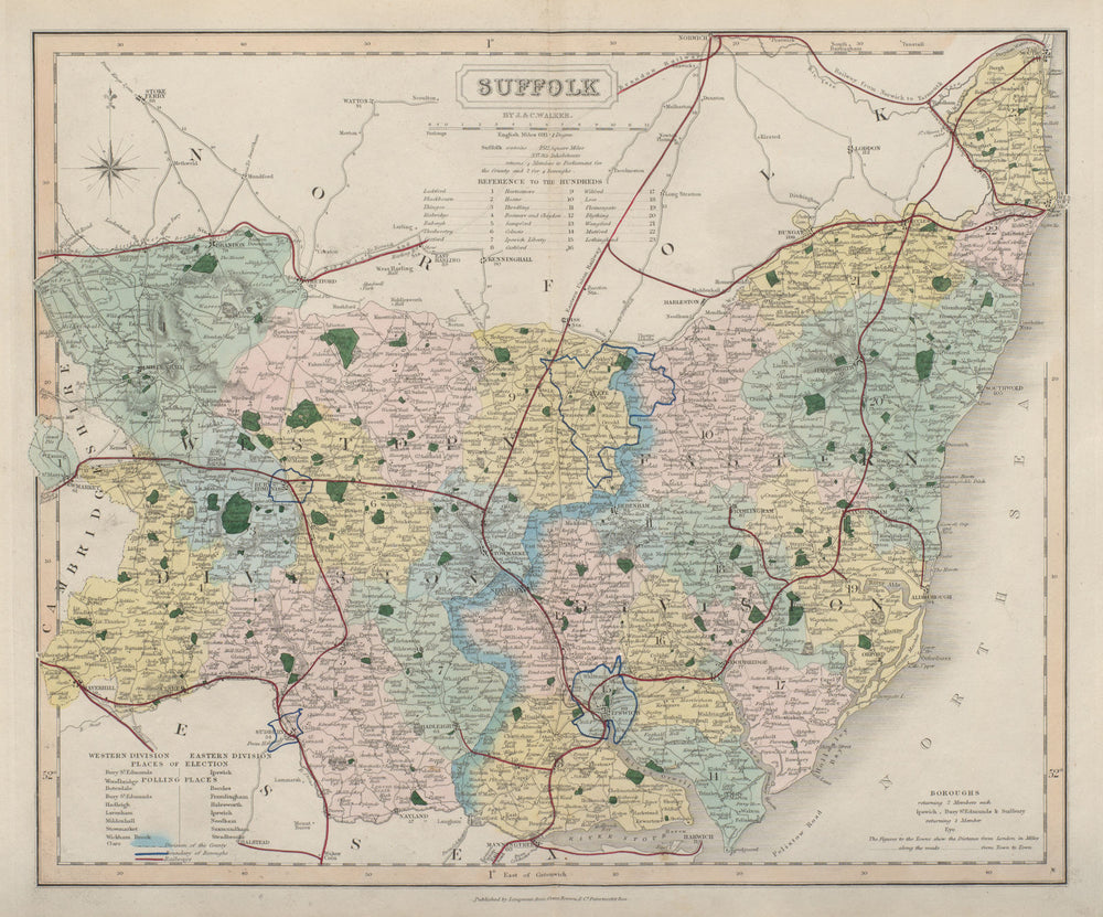 Suffolk antique county map by J & C Walker. Railways & boroughs 1868 old
