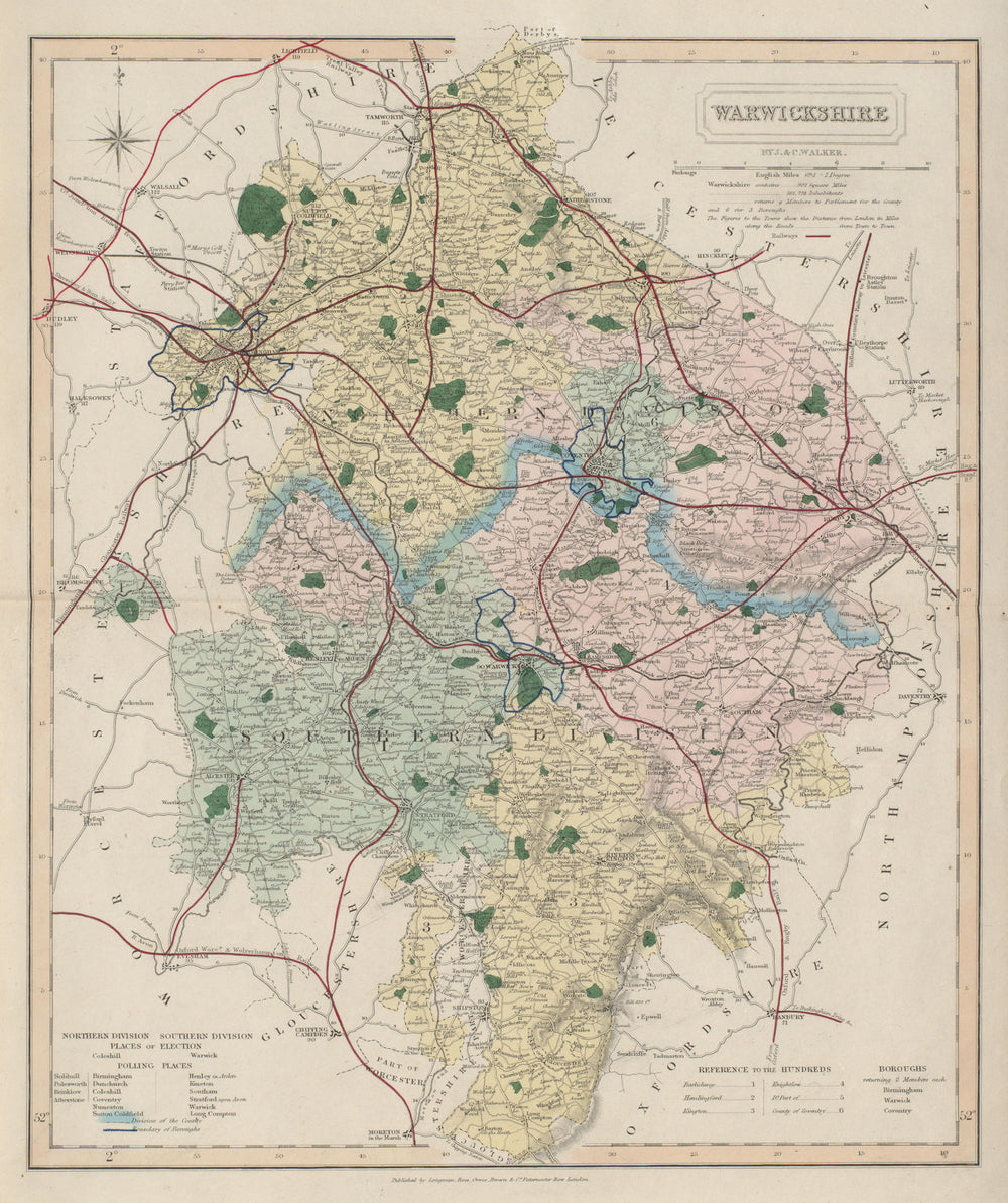 Warwickshire antique county map by J & C Walker. Railways & boroughs 1868
