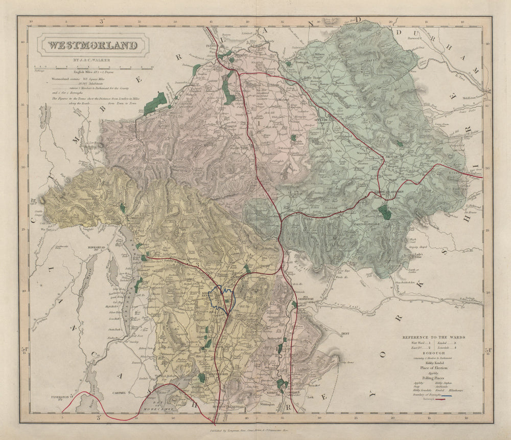 Westmorland antique county map by J & C Walker. Railways & boroughs 1868