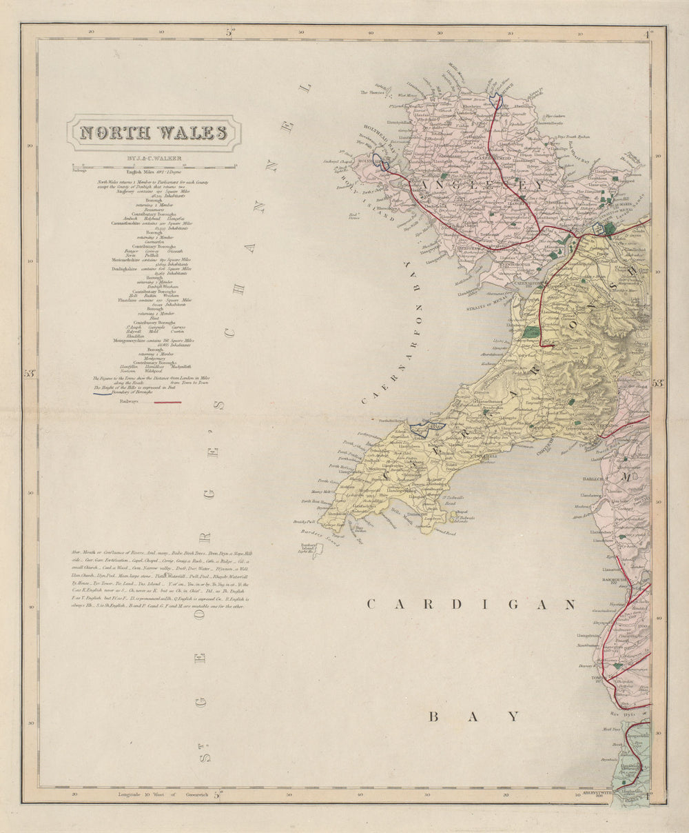 North west Wales coast antique map by J & C Walker. Anglesey. Railways 1868