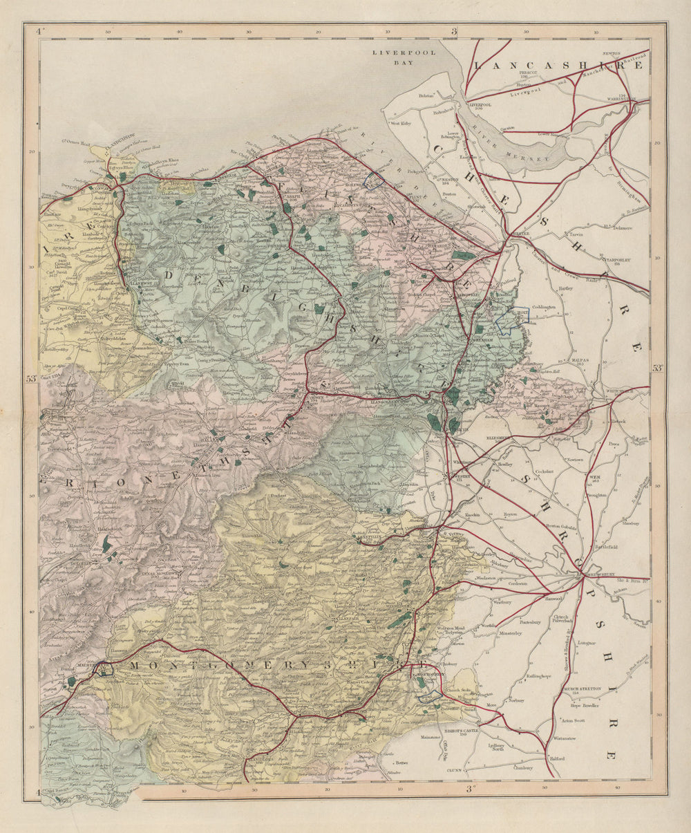 Denbigh Flint Merioneth Montgomeryshire antique map. WALKER. Railways 1868