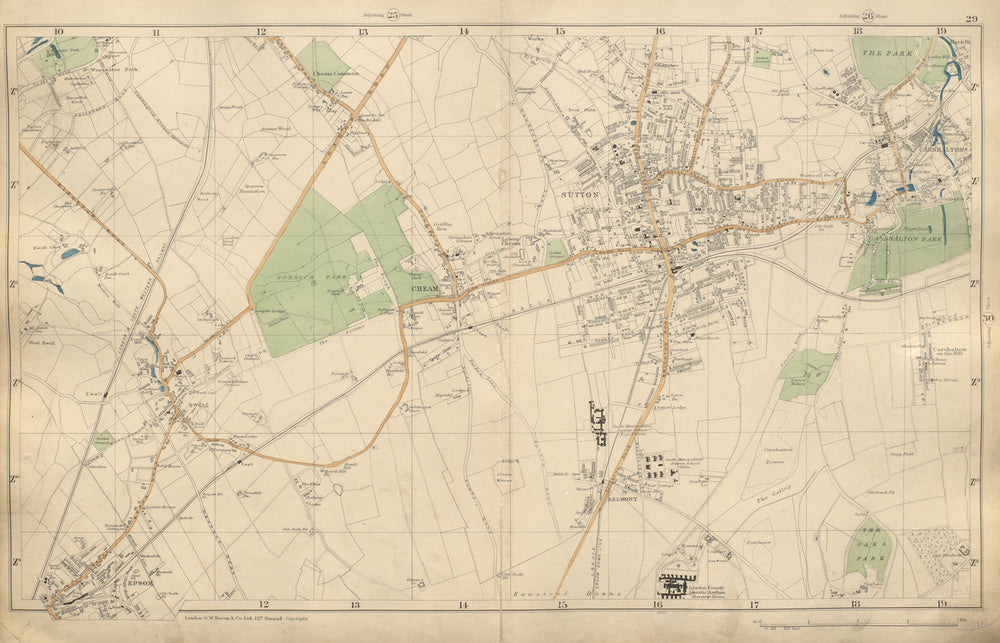 SUTTON Epsom Cheam Belmont Carshalton Ewell Banstead Downs BACON 1900 old map