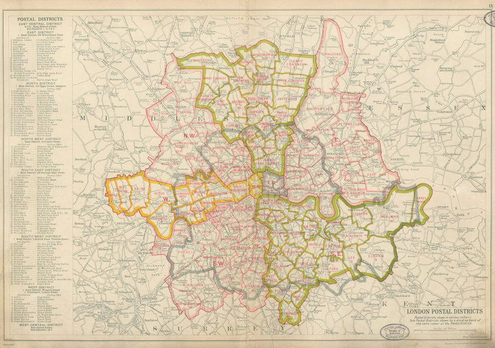 LONDON POSTAL DISTRICTS. Post code areas. NW N W SW SE E. BACON 1934 old map