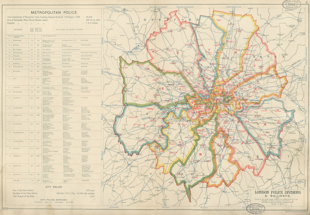 LONDON METROPOLITAN POLICE DIVISIONS & Police stations. Railways. BACON 1934 map