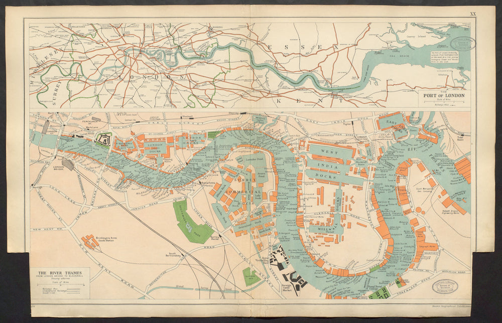 PORT OF LONDON wharves & docks. Thames London Bridge - Blackwall. BACON 1934 map