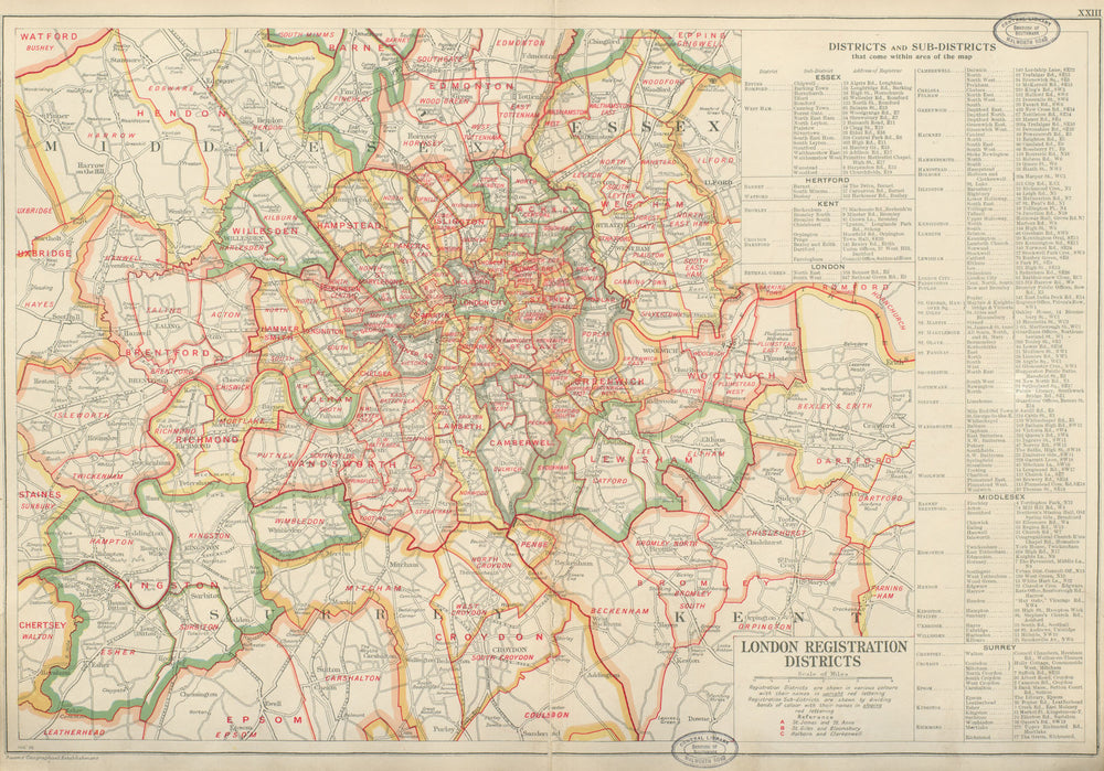 LONDON REGISTRATION DISTRICTS & SUB-DISTRICTS. Vintage map. BACON 1934 old