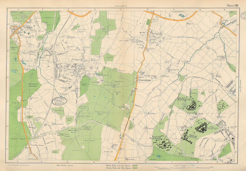 ESHER/EWELL Claygate Epsom Oxshott Hook Chessington Hinchley Wood.BACON 1934 map