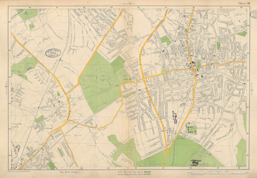 SUTTON Epsom Cheam Belmont Carshalton Ewell Banstead Downs. BACON 1934 old map