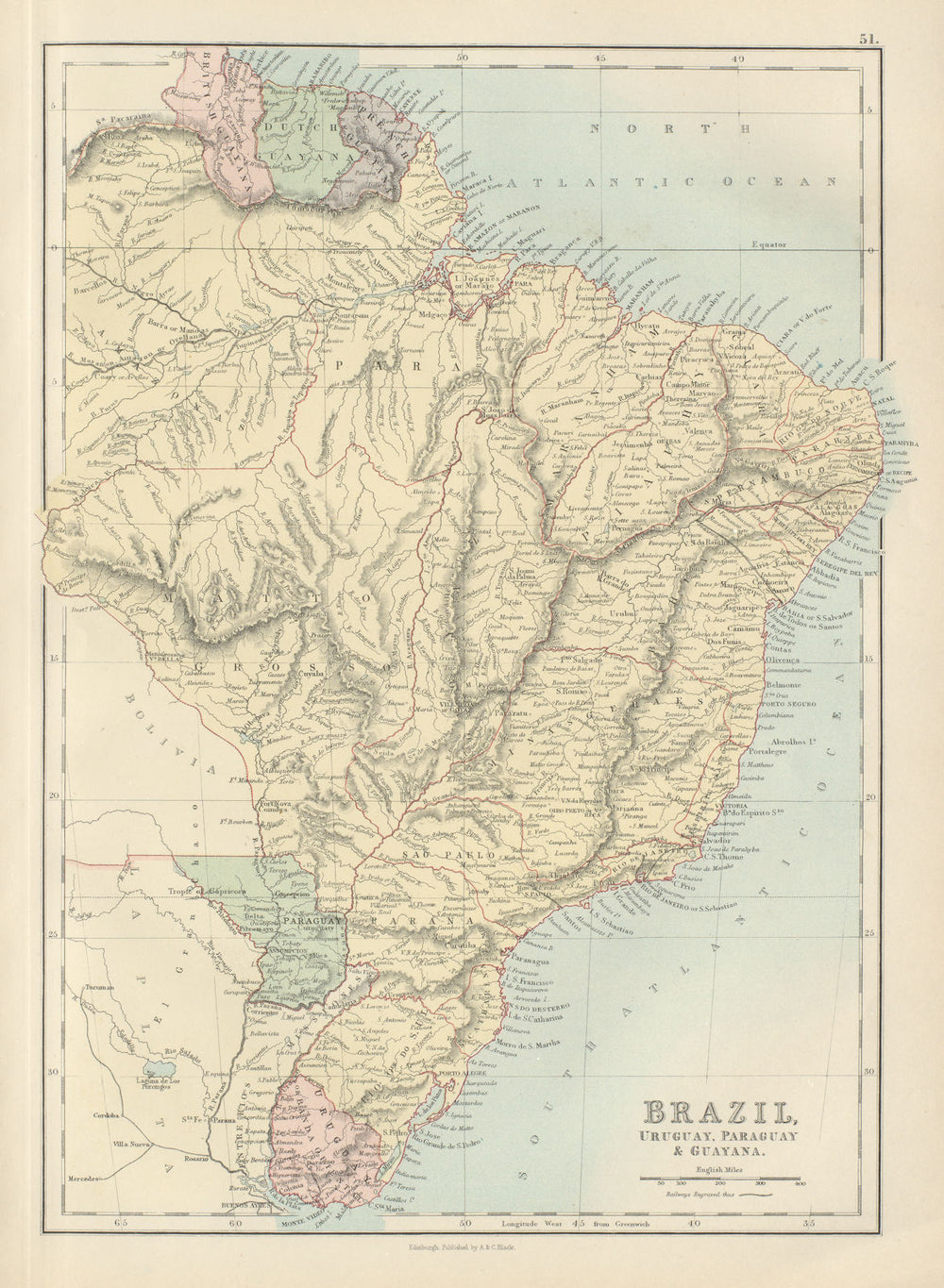 Brazil, Uruguay, Paraguay & Guayana. Guyanas. BARTHOLOMEW 1882 old antique map