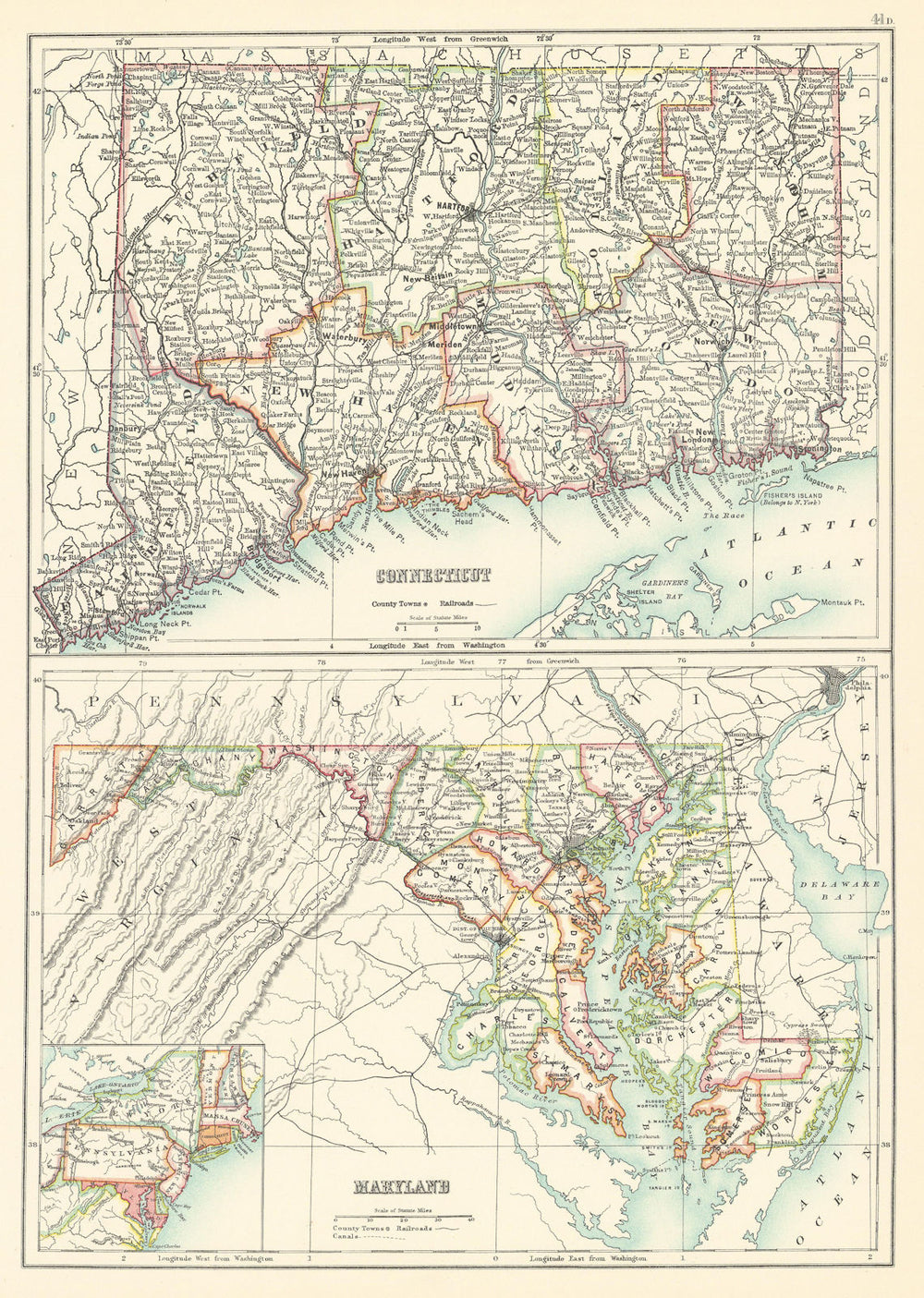 Connecticut and Maryland state maps showing counties. BARTHOLOMEW 1898 old
