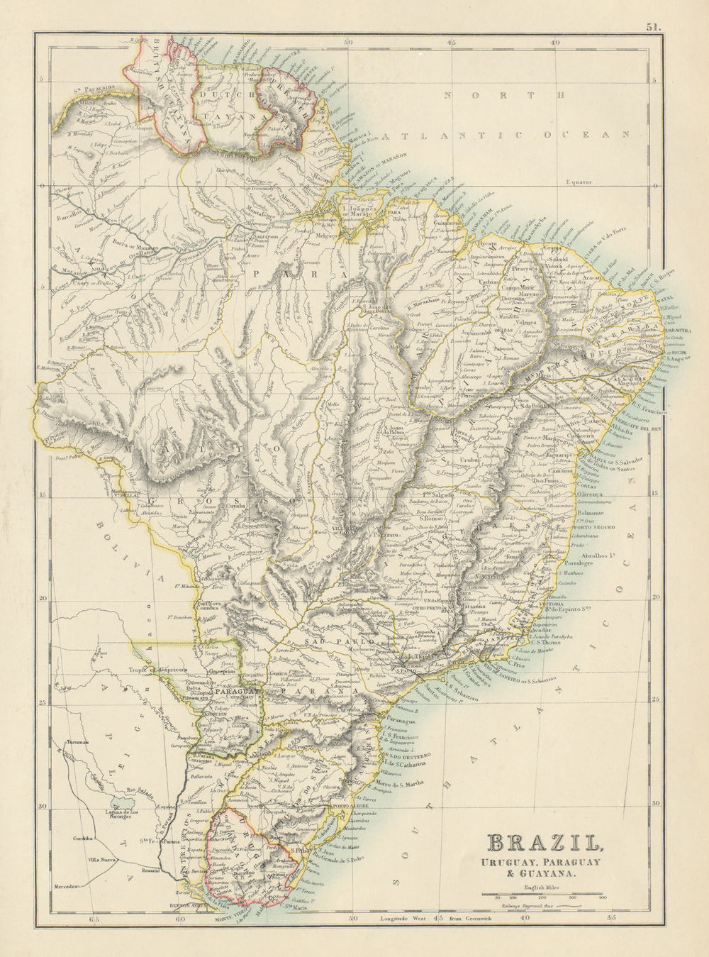 Brazil, Uruguay, Paraguay & Guayana. Guyanas. BARTHOLOMEW 1898 old antique map