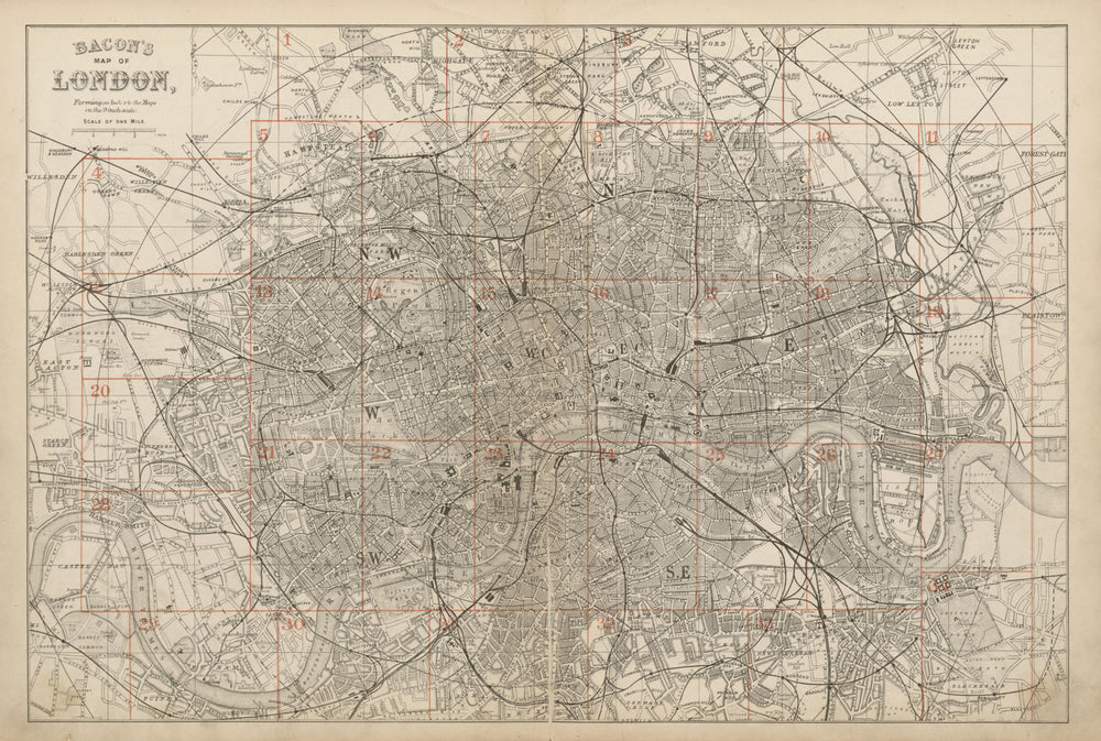 GREATER LONDON ENVIRONS. General Index map to 9 inch scale maps. BACON c1887