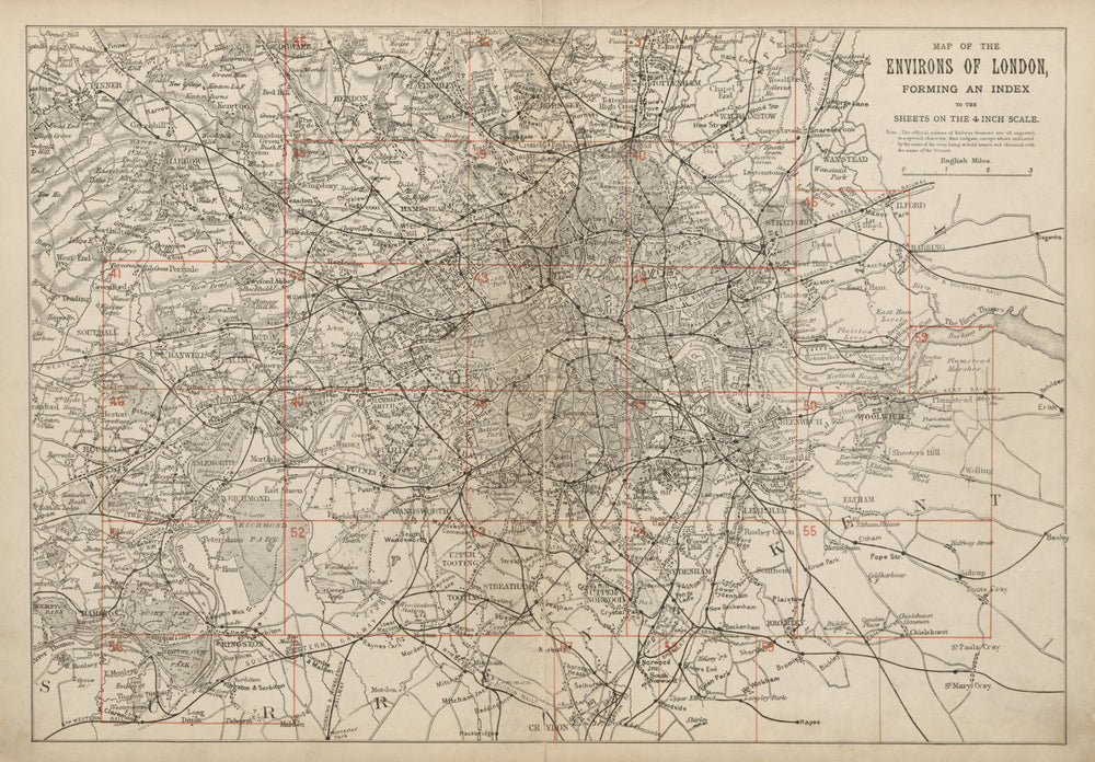 GREATER LONDON ENVIRONS. General Index map to 4 inch scale maps. BACON c1887