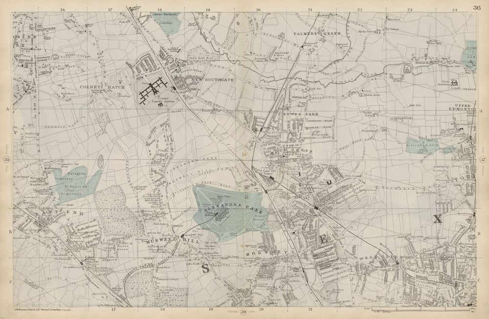 FRIERN BARNET/HORNSEY Palmers/Wood Green Southgate Muswell Hill BACON  c1887 map
