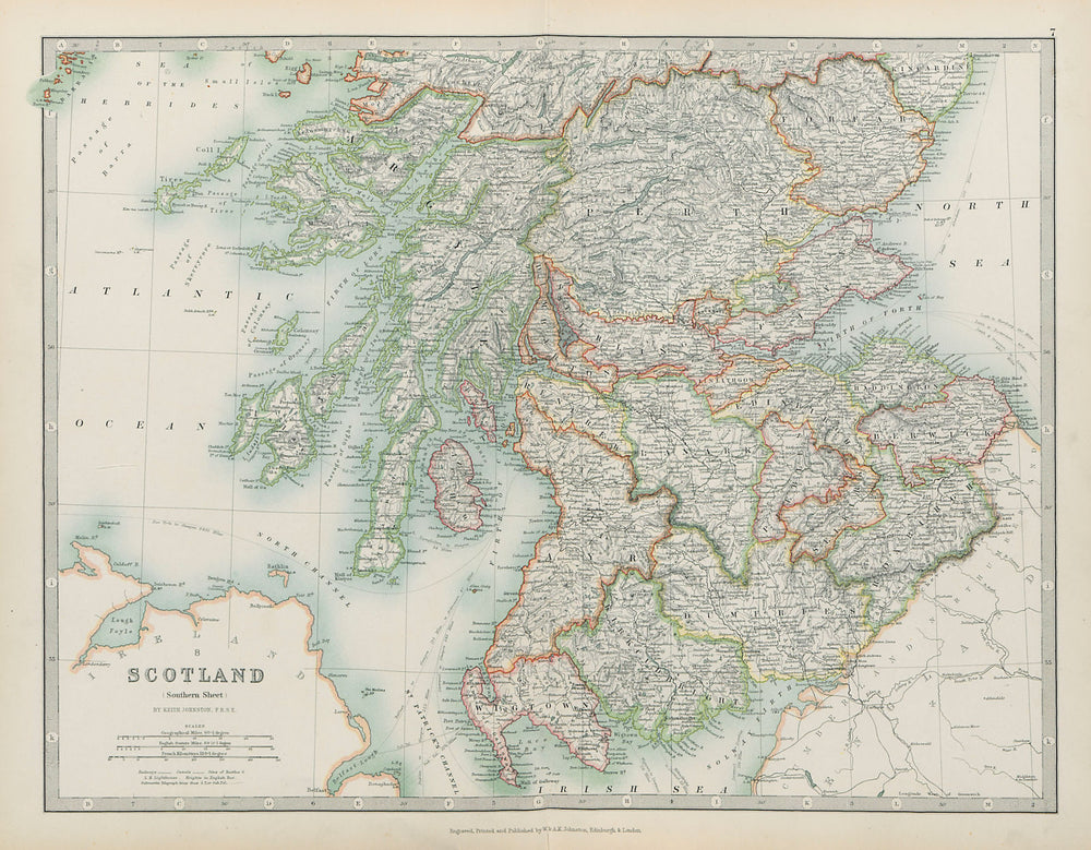 SCOTLAND SOUTH Borders Argyll Perthshire Fife Forfar Lanark JOHNSTON 1901 map