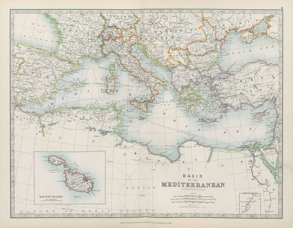 MEDITERRANEAN Shows railways & Telegraph cables Inset Malta JOHNSTON 1901 map
