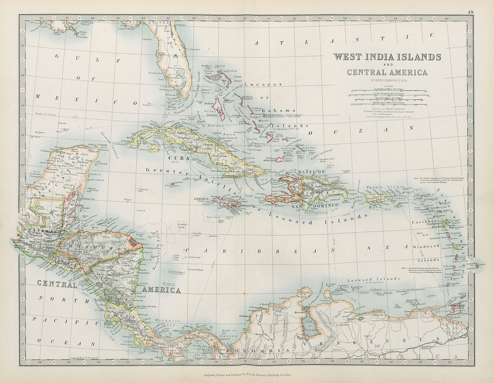 CARIBBEAN West Indies Central America Danish Virgin islands JOHNSTON 1901 map