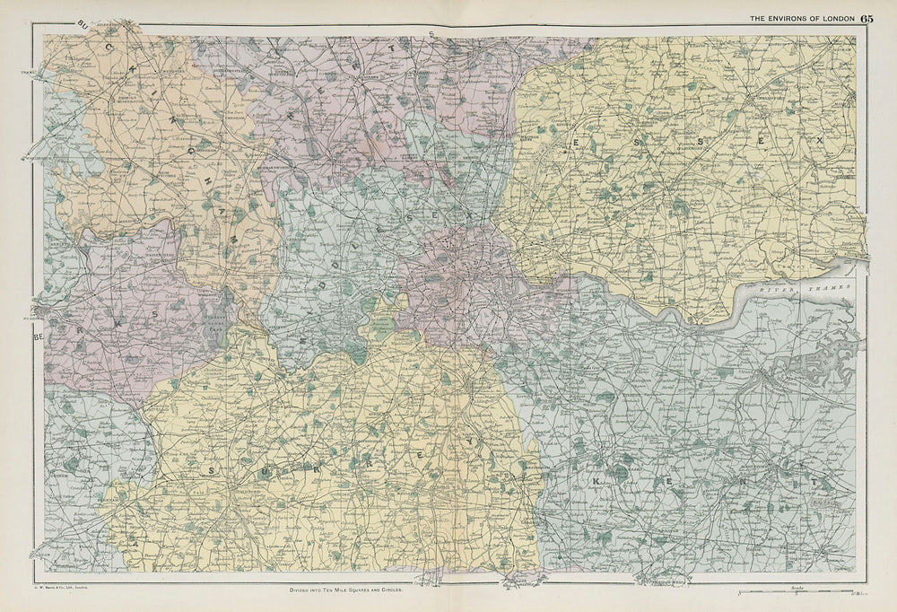 GREATER LONDON. Environs of London. Home counties. BACON 1900 old antique map