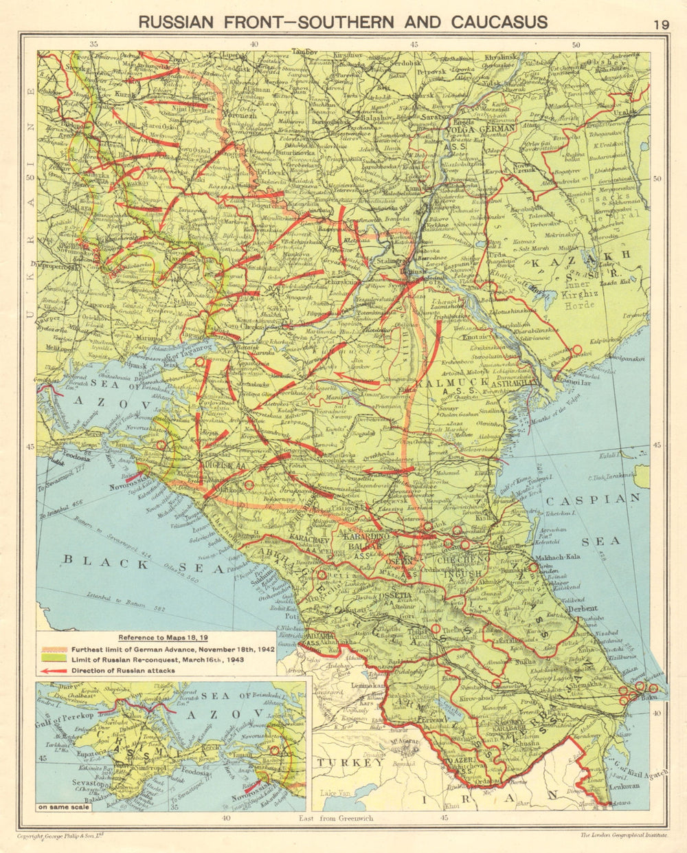 WORLD WAR 2. Eastern Front south. Russian offensive. Stalingrad 1943 old map